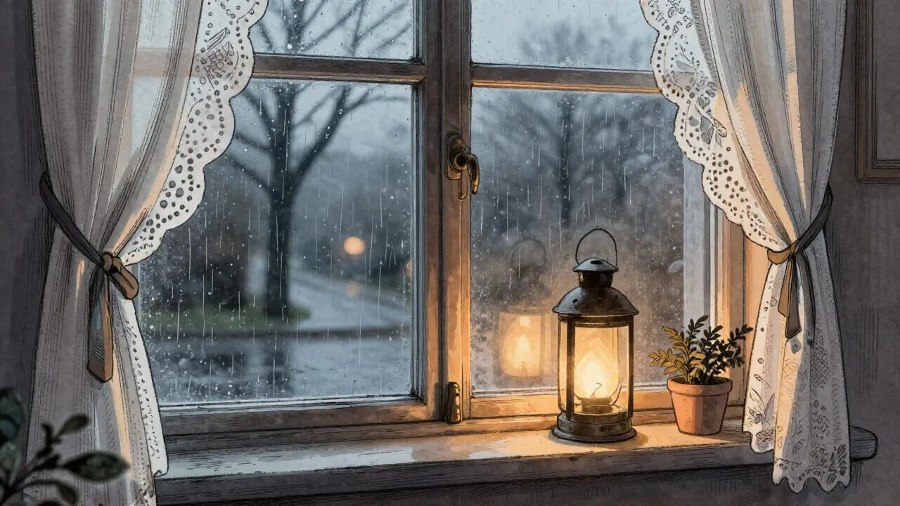 a rainy window, lace curtains, a small lantern glowing on the windowsill