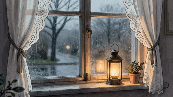 a rainy window, lace curtains, a small lantern glowing on the windowsill